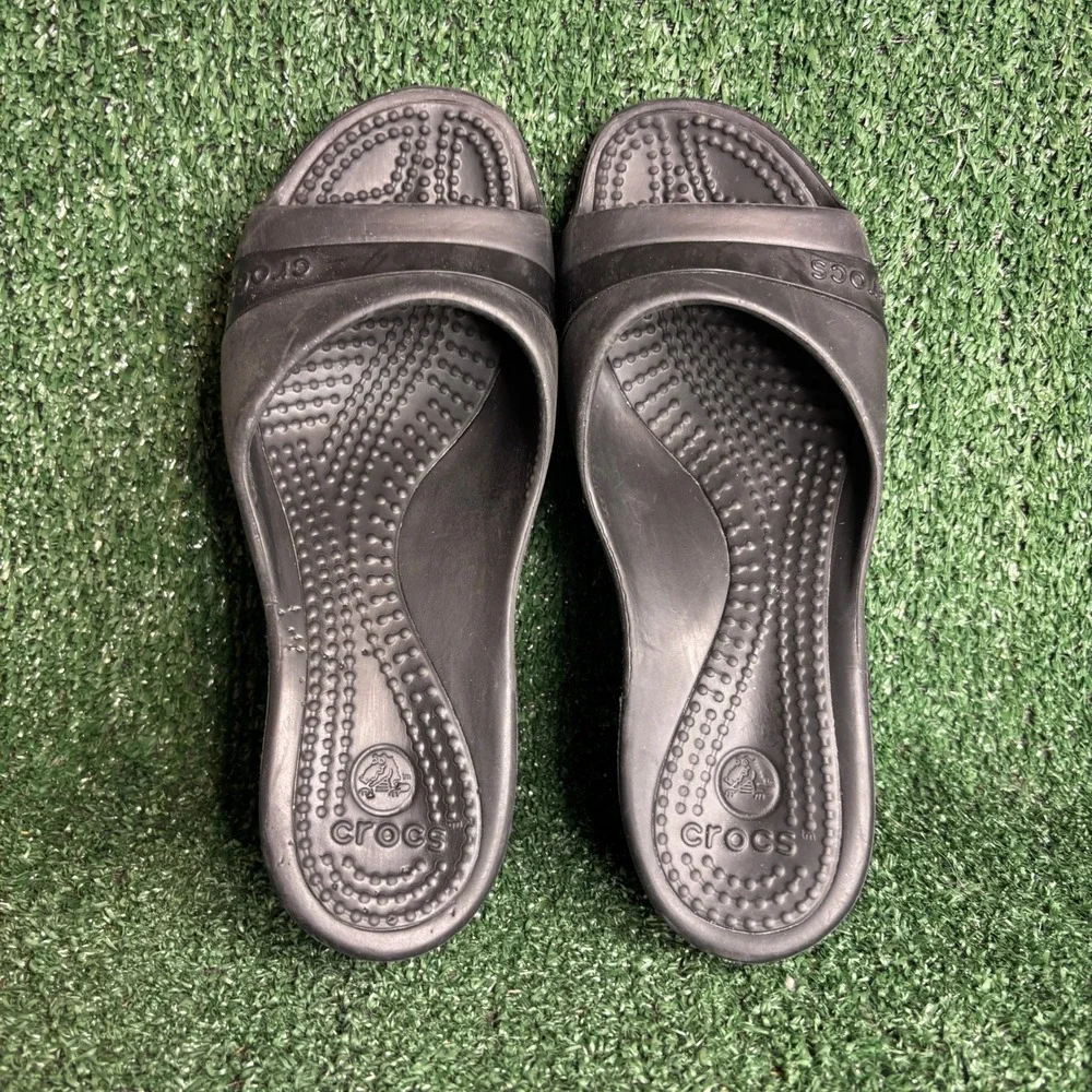 Crocs‎ Wedge Heel Open Toe Slide Comfort Lightweight Sandals Black Womens Size 8